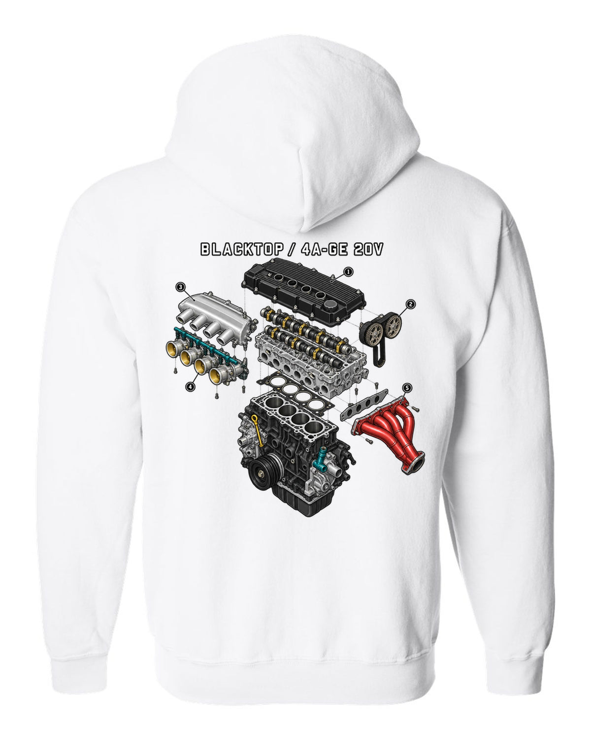 Exploded engine diagram of the blacktop 4A-GE 20V for the Toyota Corolla AE111 white zip hoodie back view with the design