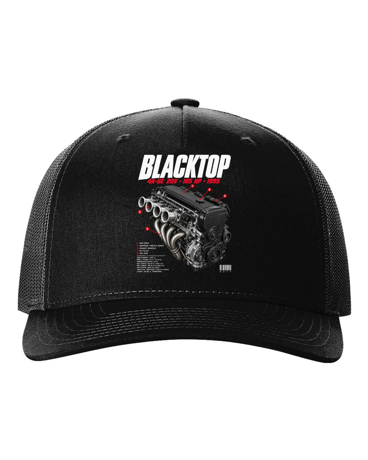 Engine bay hero print of the blacktop 4A-GE 20V in a Toyota Corolla Levin AE111 black hat front view with the design