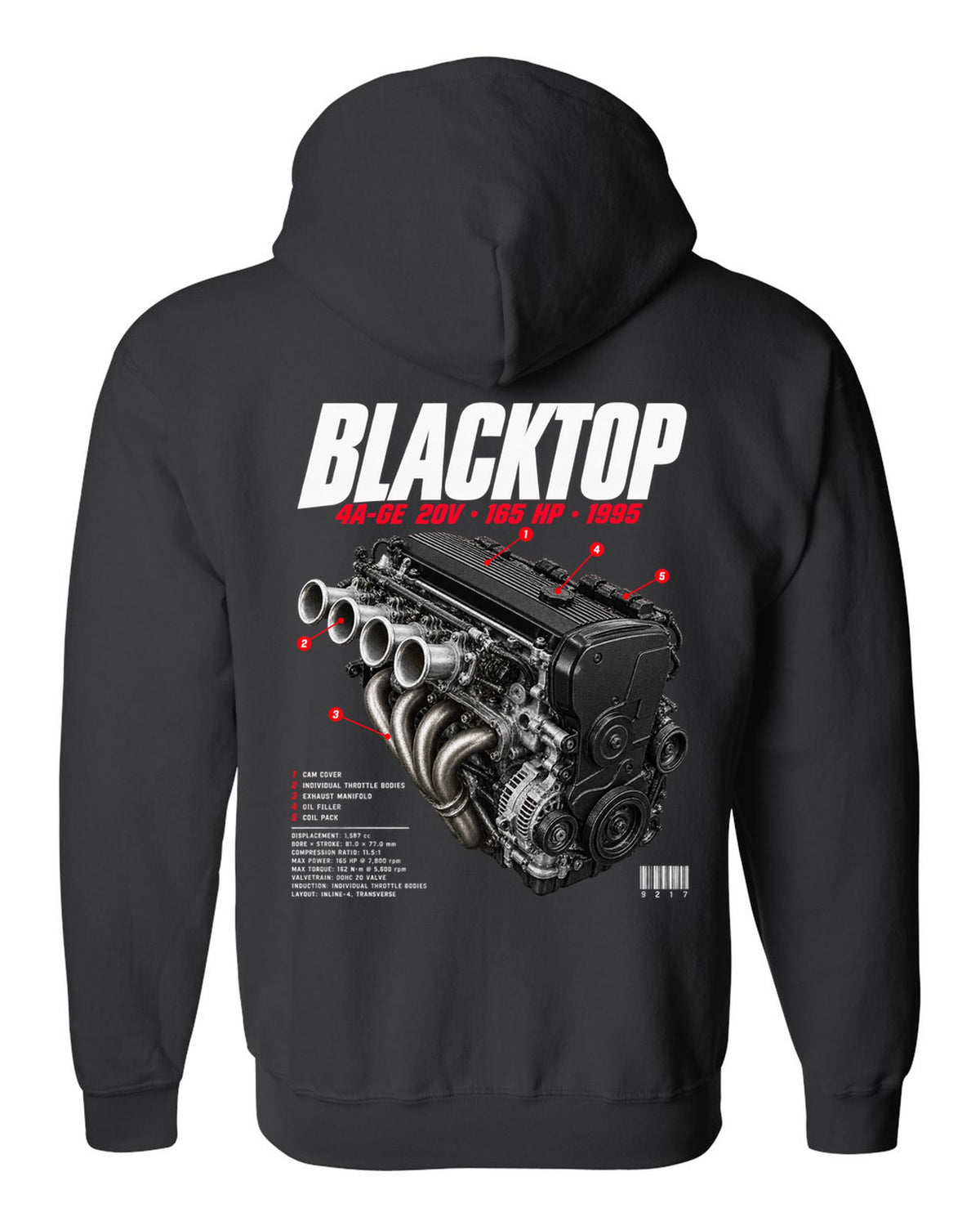 Engine bay hero print of the blacktop 4A-GE 20V in a Toyota Corolla Levin AE111 black zip hoodie back view with the design