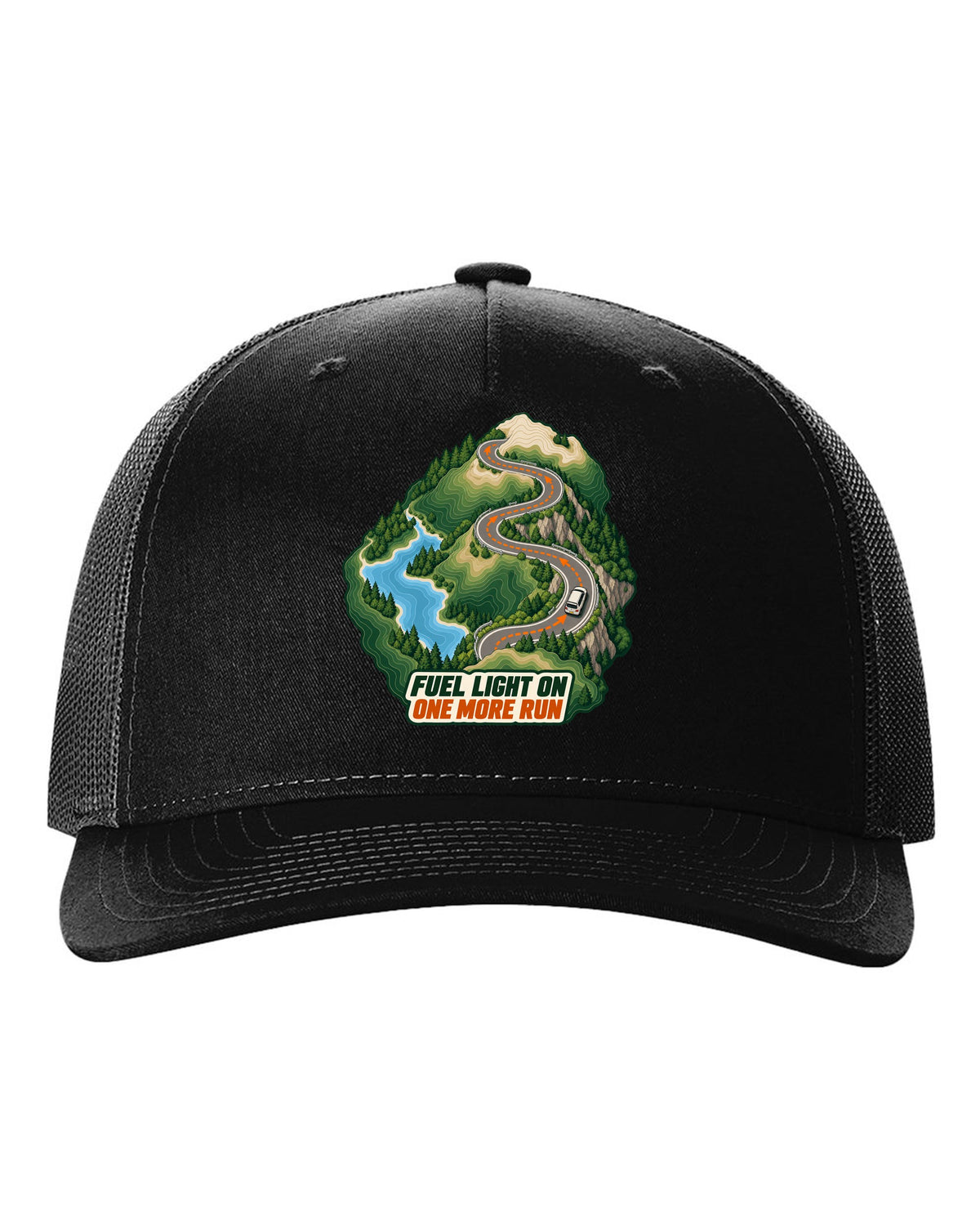 Topographic route map print of a Toyota Corolla Levin AE86 with Fuel Light On lettering black hat front view with the design