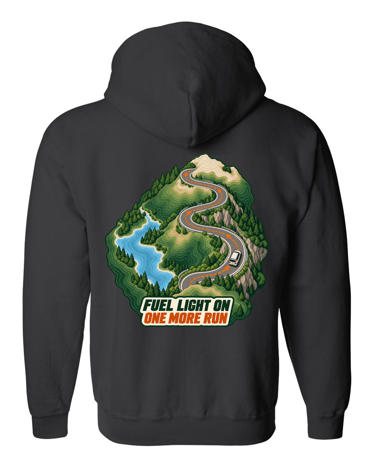 Topographic route map print of a Toyota Corolla Levin AE86 with Fuel Light On lettering black zip hoodie back view with the design