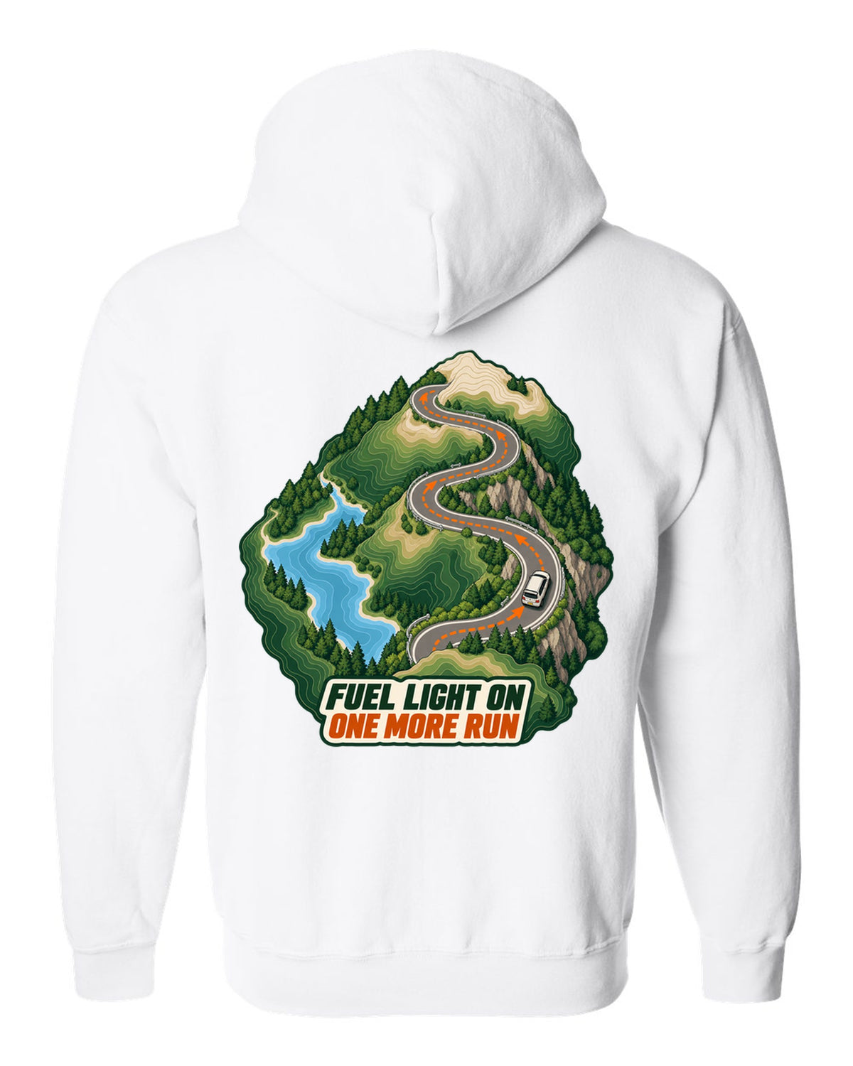 Topographic route map print of a Toyota Corolla Levin AE86 with Fuel Light On lettering white zip hoodie back view with the design