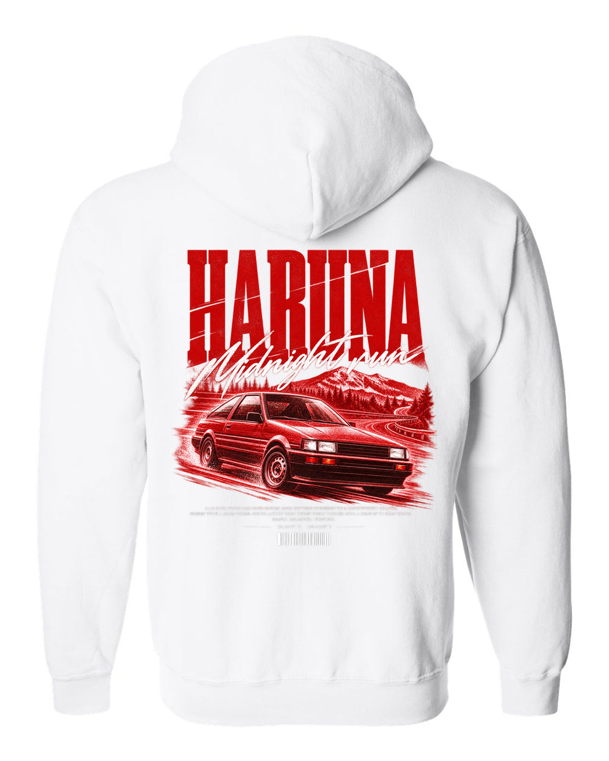 Street poster print of a Toyota Corolla Levin AE86 with the text Haruna Midnight Run white zip hoodie back view with the design