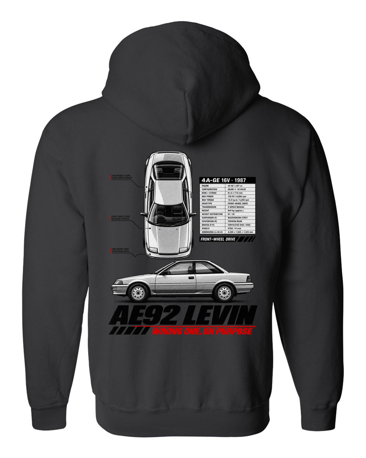Spec poster print of a Toyota Corolla Levin AE92 with 4A-GE 16V and front-wheel drive text black zip hoodie back view with the design