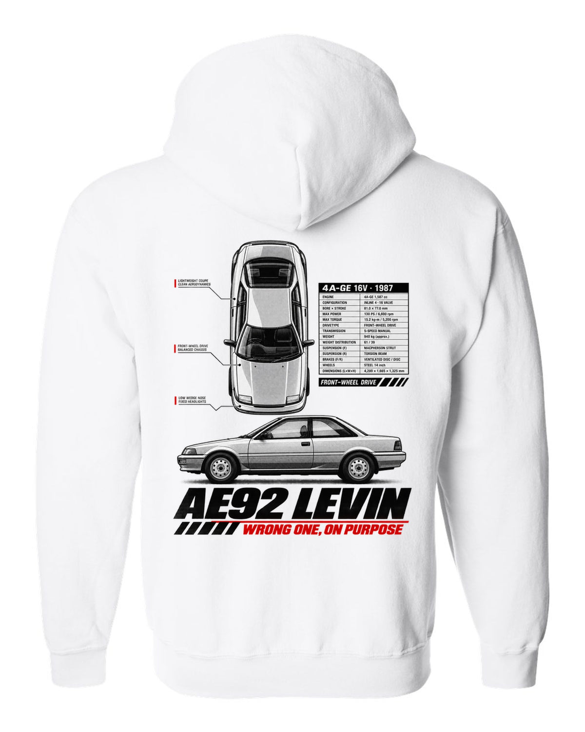 Spec poster print of a Toyota Corolla Levin AE92 with 4A-GE 16V and front-wheel drive text white zip hoodie back view with the design
