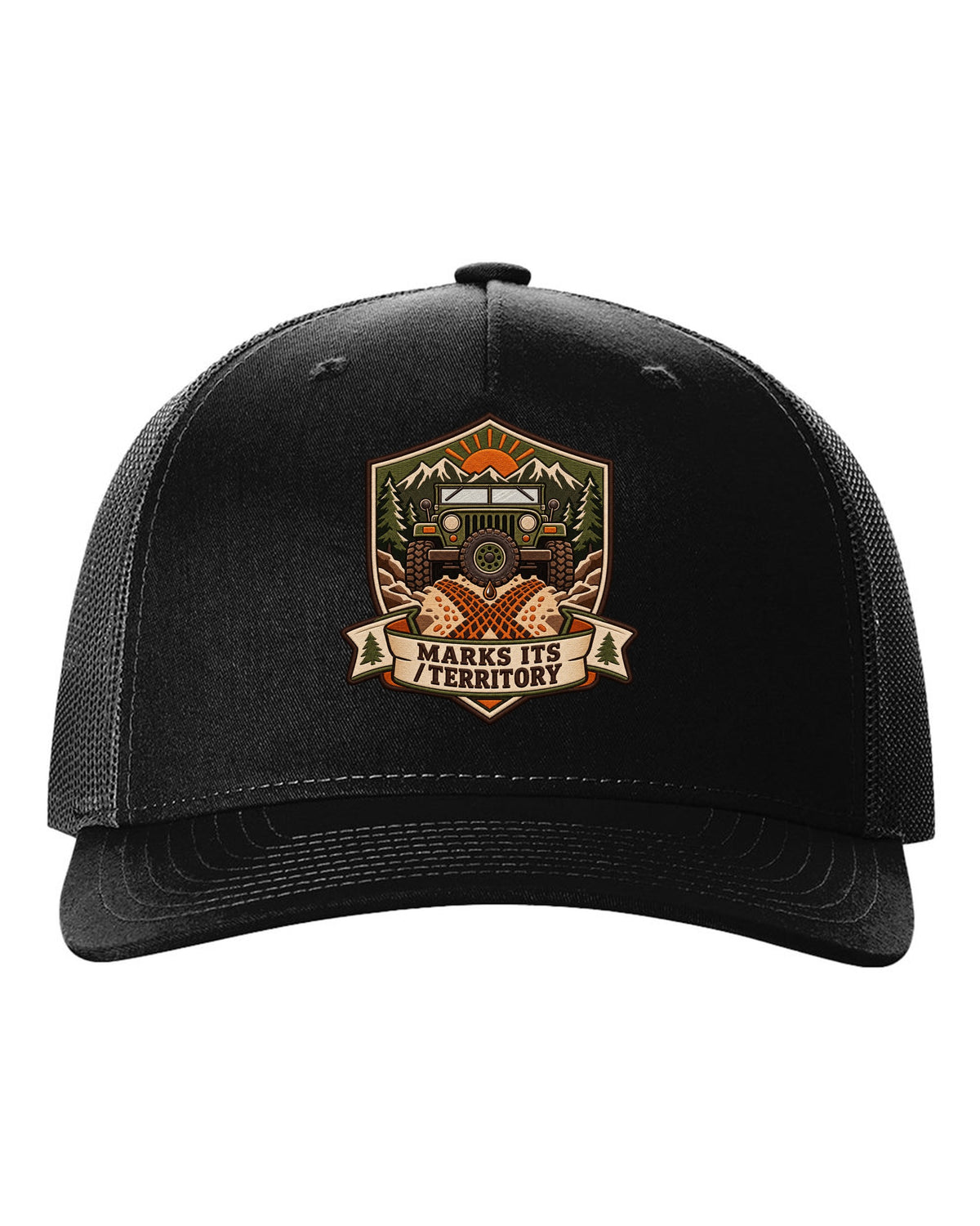 Expedition badge crest of a Toyota Land Cruiser FJ40 with the words Marks Its Territory black hat front view with the design