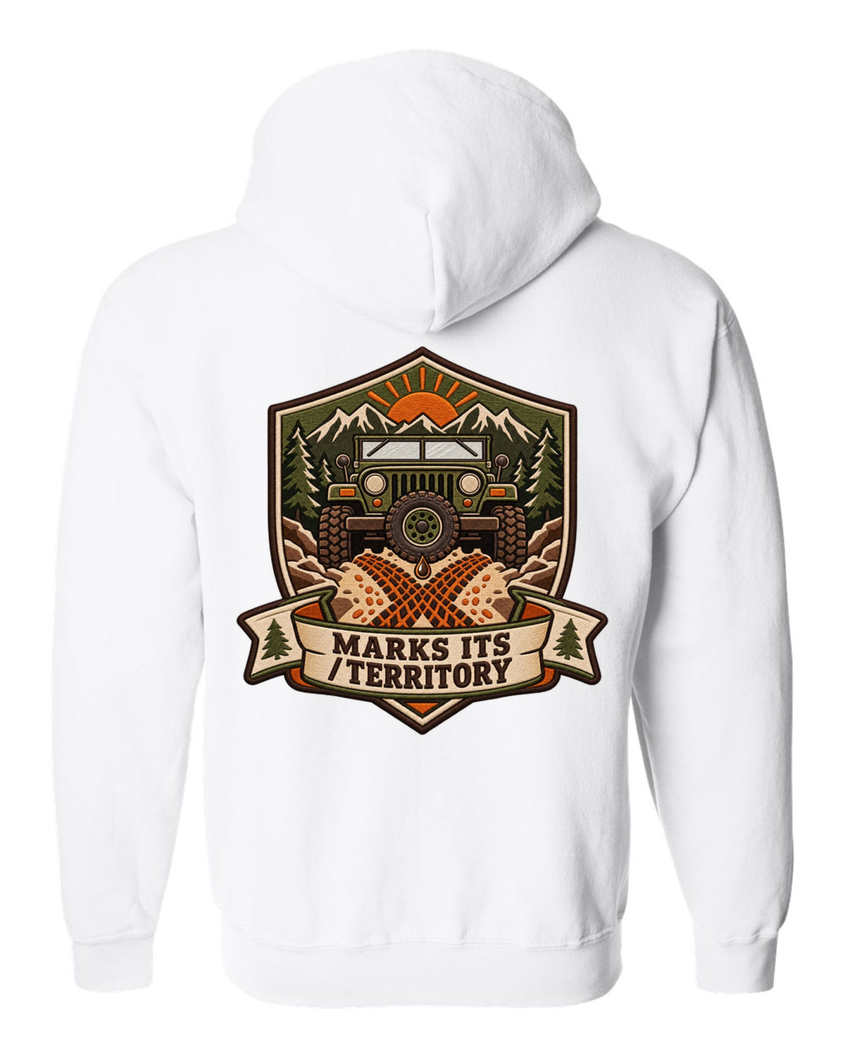 Expedition badge crest of a Toyota Land Cruiser FJ40 with the words Marks Its Territory white zip hoodie back view with the design