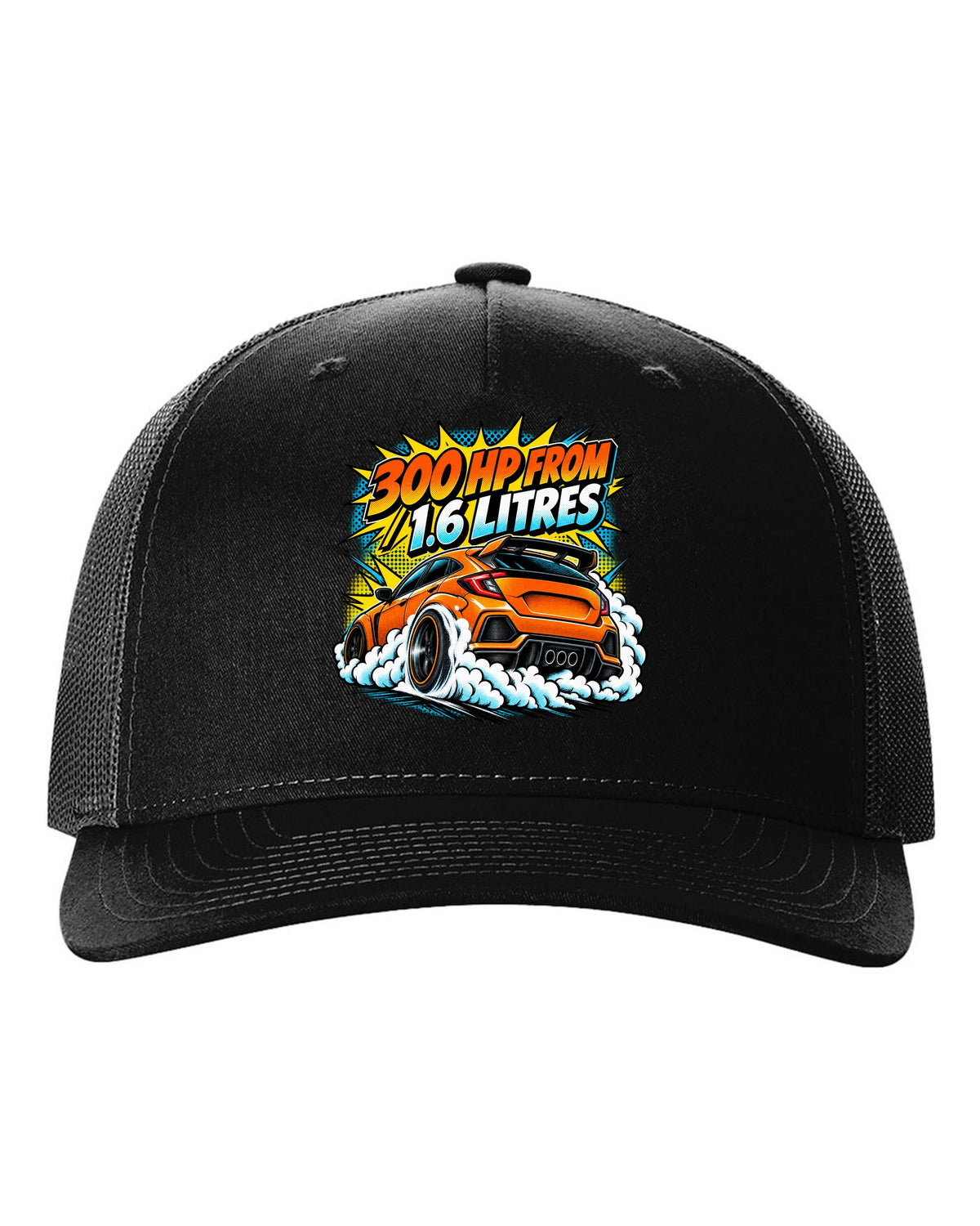 Comic halftone pop-art of a Toyota GR Corolla doing a burnout with 300 HP from 1.6 litres lettering black hat front view with the design
