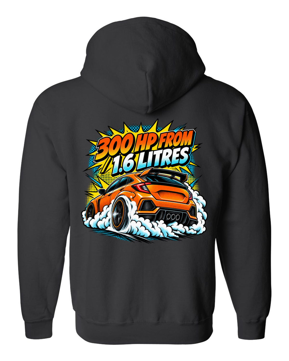 Comic halftone pop-art of a Toyota GR Corolla doing a burnout with 300 HP from 1.6 litres lettering black zip hoodie back view with the design