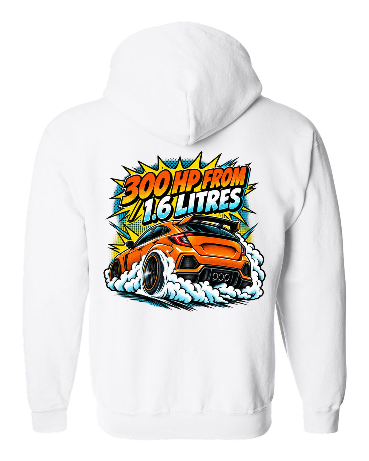 Comic halftone pop-art of a Toyota GR Corolla doing a burnout with 300 HP from 1.6 litres lettering white zip hoodie back view with the design