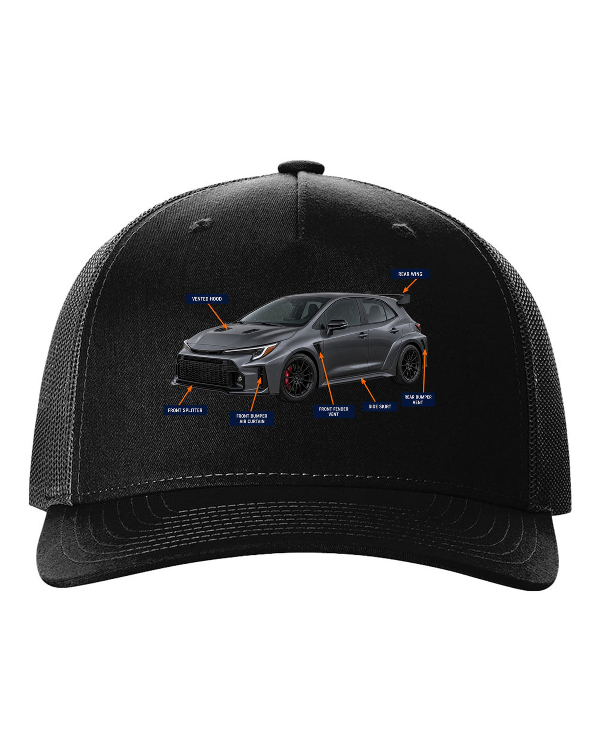 Toyota GR Corolla Circuit Edition chback with aero cutaway callouts and G16E-GTS text black hat front view with the design