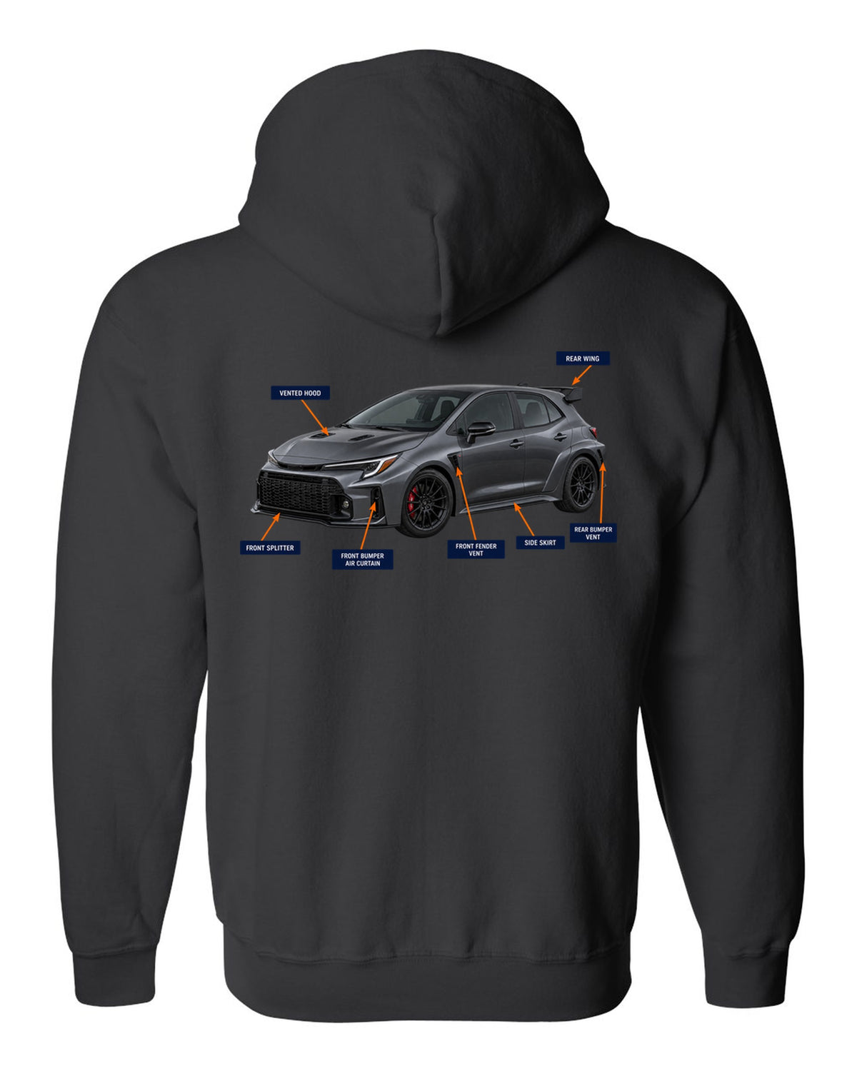 Toyota GR Corolla Circuit Edition chback with aero cutaway callouts and G16E-GTS text black zip hoodie back view with the design