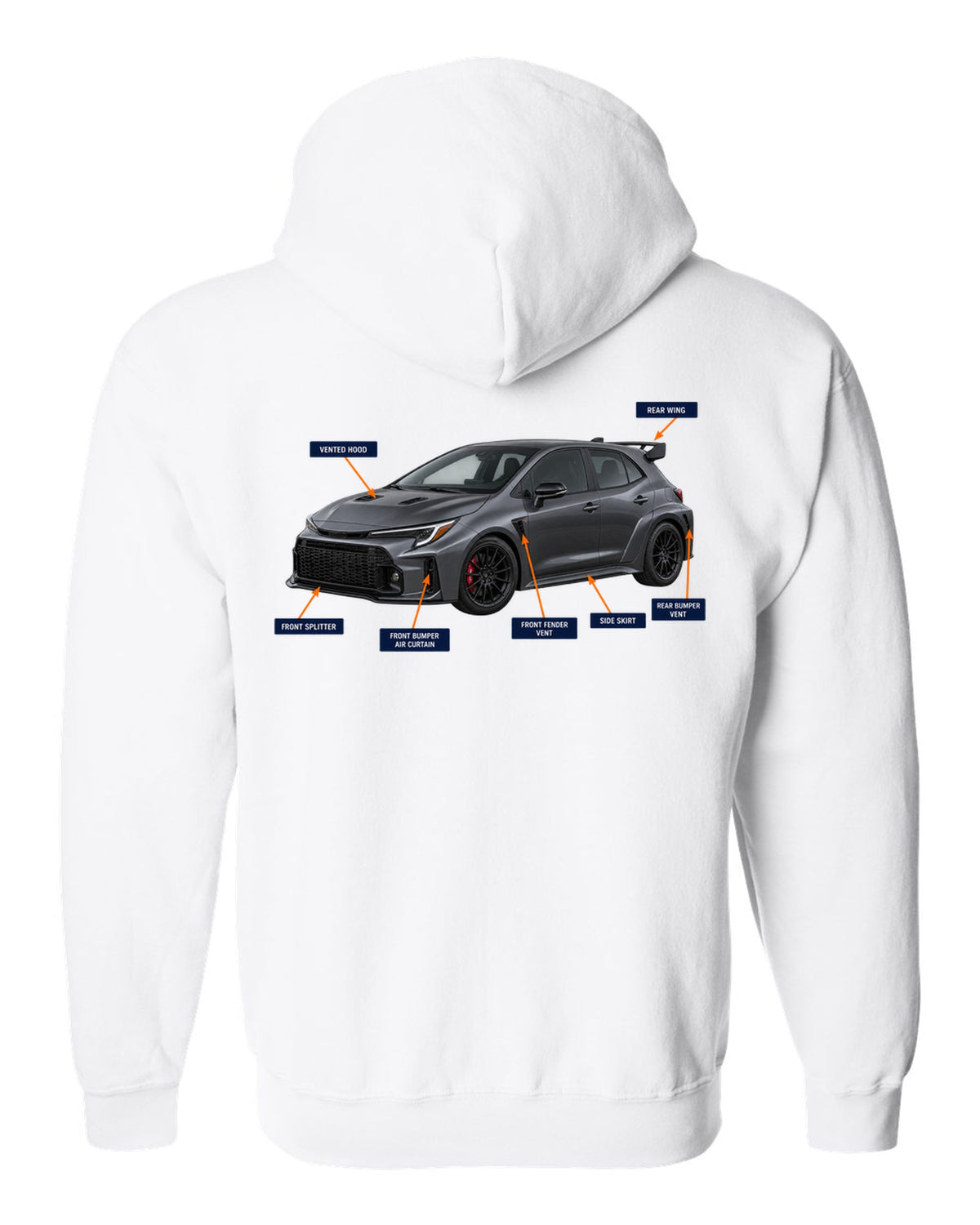 Toyota GR Corolla Circuit Edition chback with aero cutaway callouts and G16E-GTS text white zip hoodie back view with the design