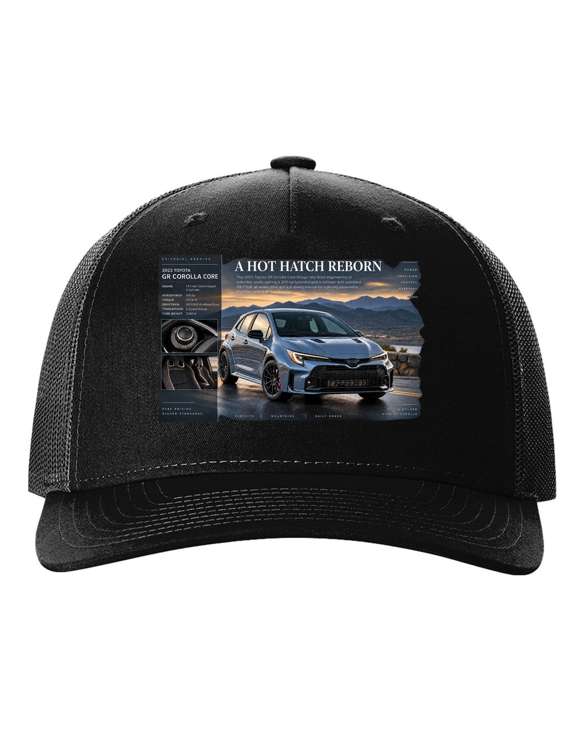 Toyota GR Corolla Core 2023 front three-quarter archive panel black hat front view with the design