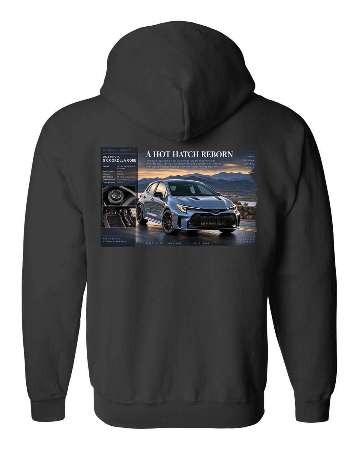 Toyota GR Corolla Core 2023 front three-quarter archive panel black zip hoodie back view with the design