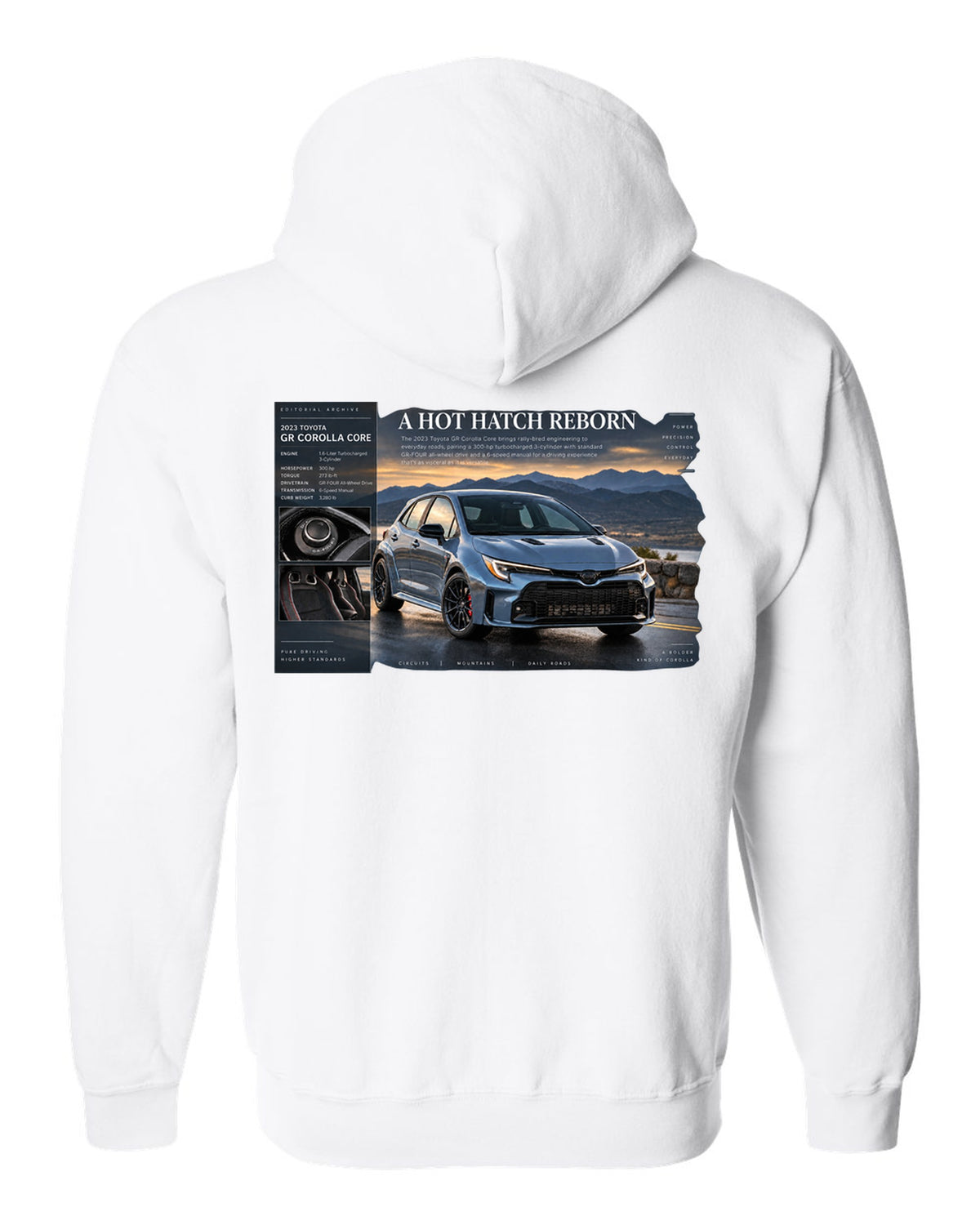 Toyota GR Corolla Core 2023 front three-quarter archive panel white zip hoodie back view with the design