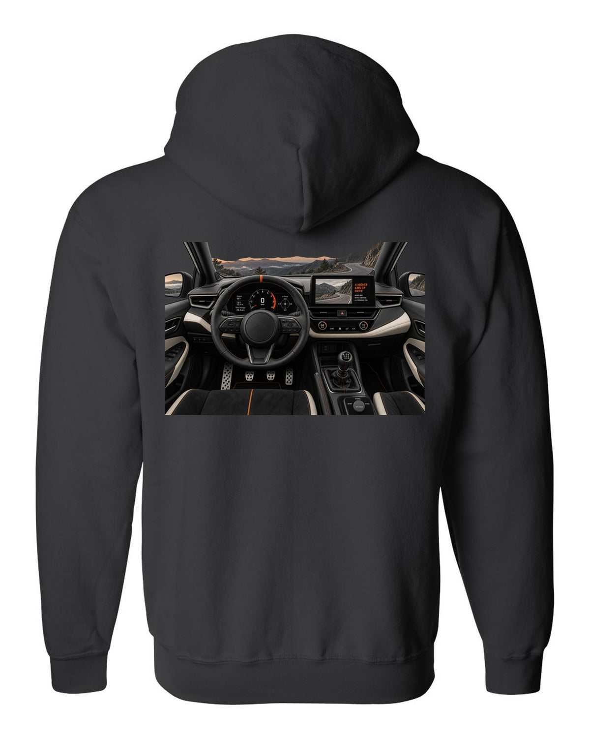 Toyota GR Corolla Morizo Edition at night on a touge-style road with spec text black zip hoodie back view with the design