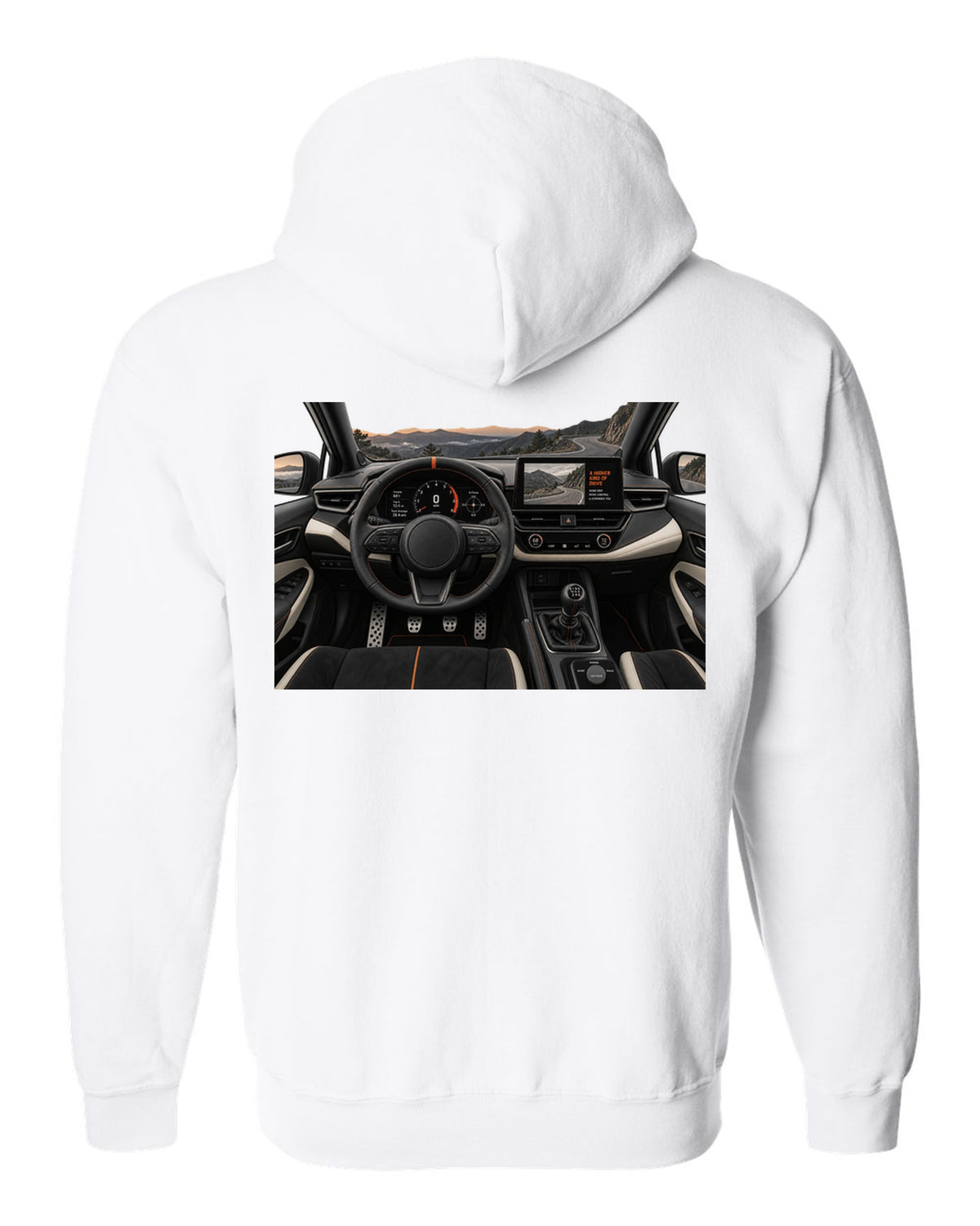 Toyota GR Corolla Morizo Edition at night on a touge-style road with spec text white zip hoodie back view with the design