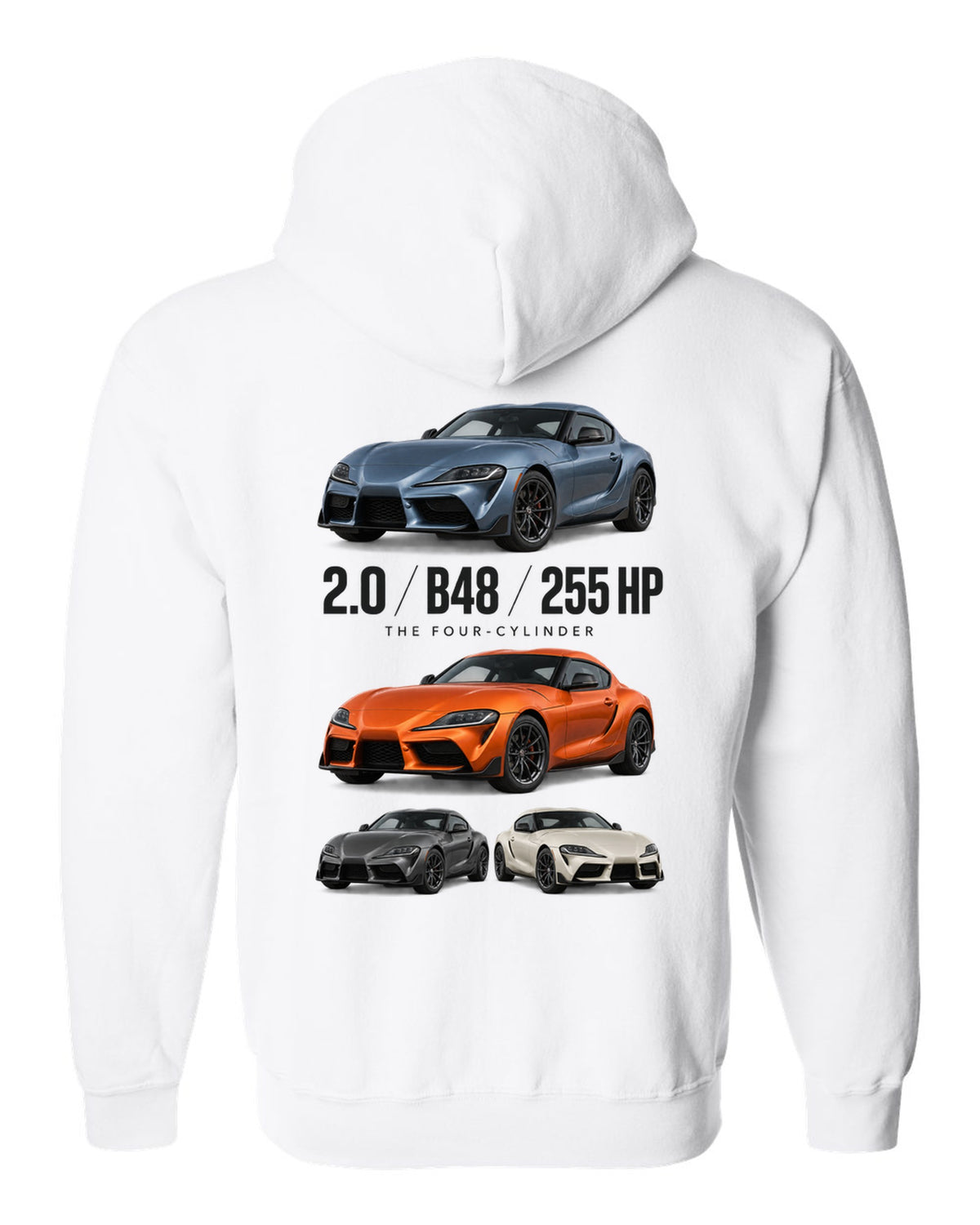 Steel blue Toyota GR Supra 2.0 spec poster with B48 and 255 HP text white zip hoodie back view with the design