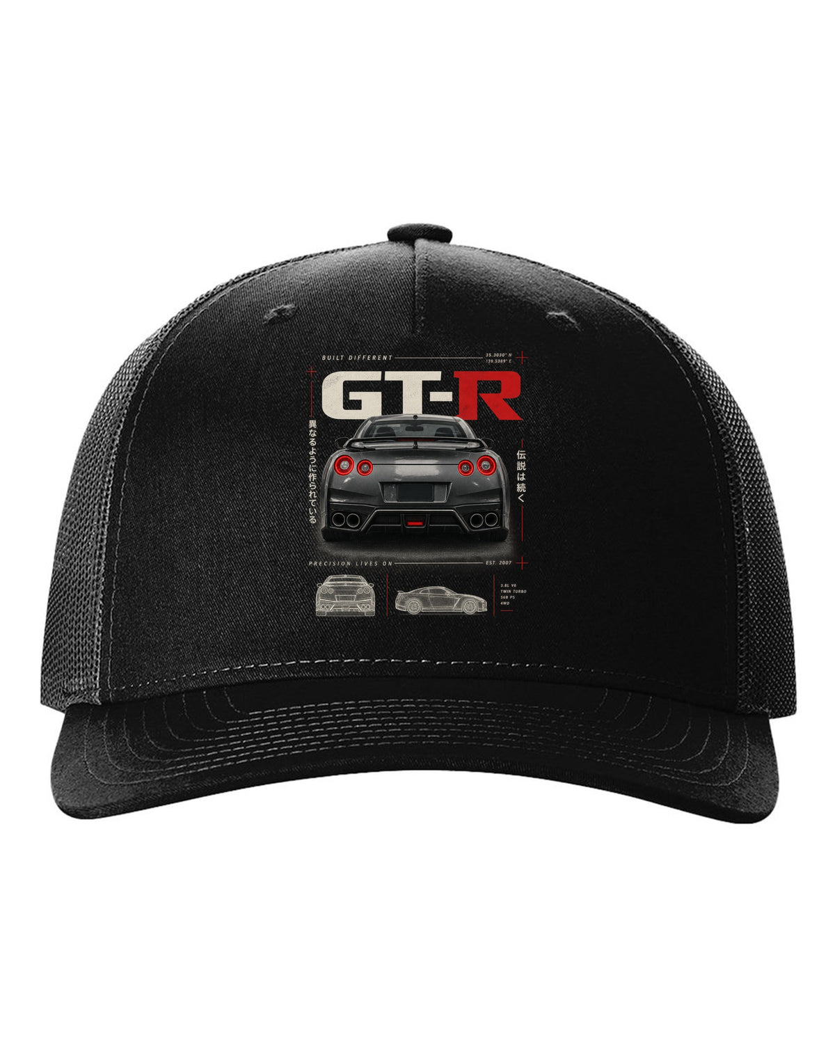 Toyota GR Supra A90 dimension blueprint in warm graphite grey with B58 spec callouts black hat front view with the design