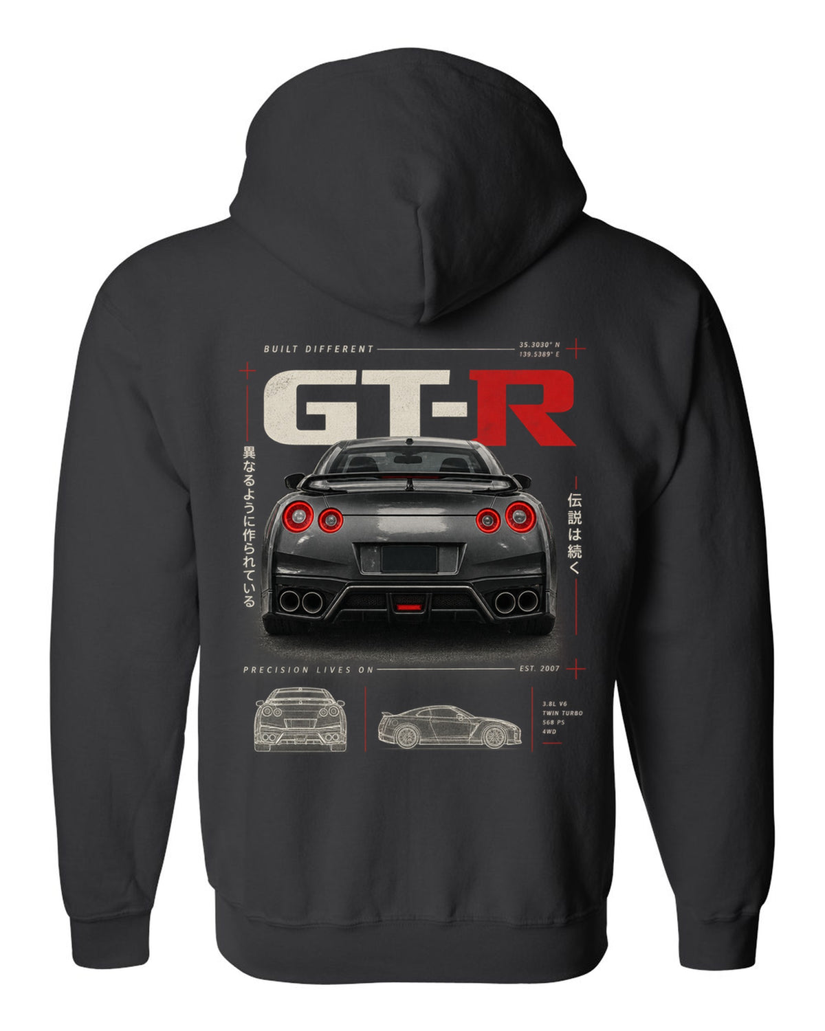 Toyota GR Supra A90 dimension blueprint in warm graphite grey with B58 spec callouts black zip hoodie back view with the design
