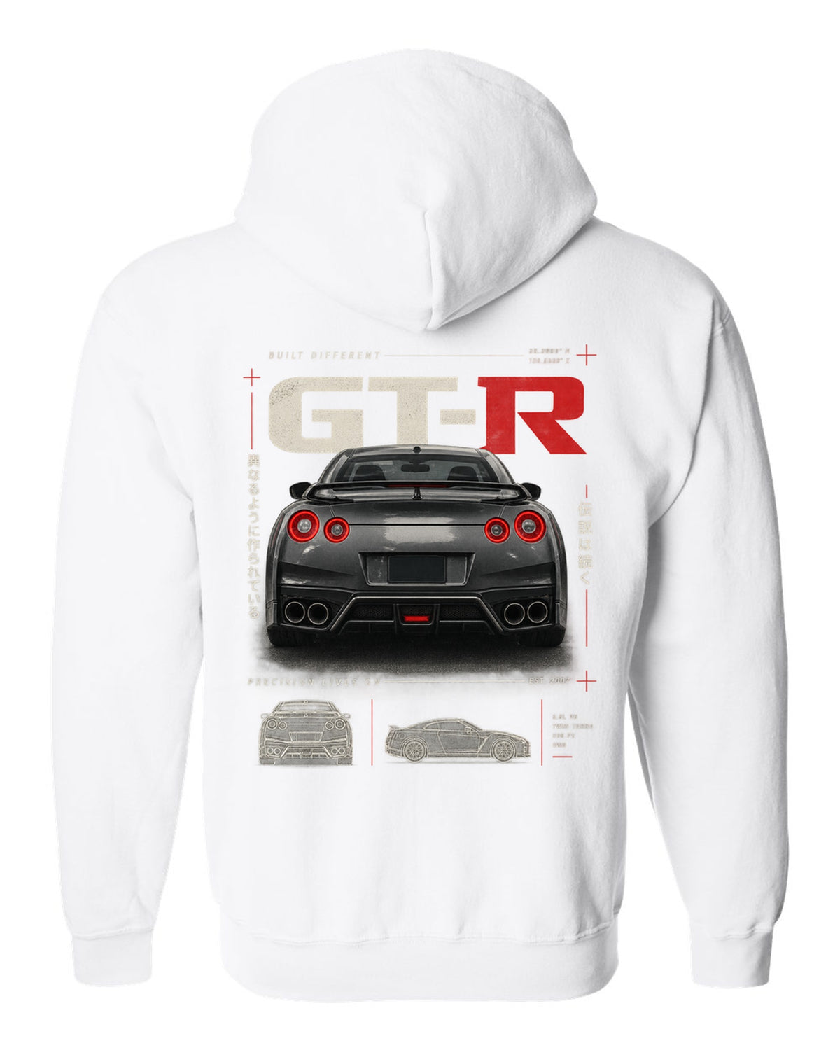 Toyota GR Supra A90 dimension blueprint in warm graphite grey with B58 spec callouts white zip hoodie back view with the design
