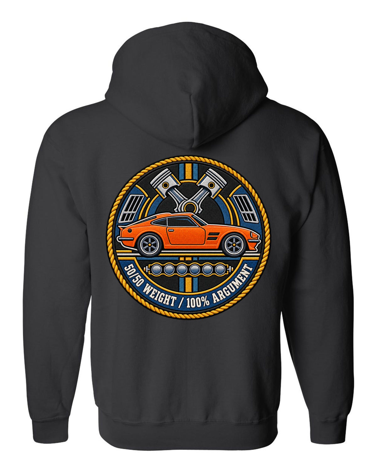 Varsity crest design for the Toyota GR Supra A90 with double-bubble roof black zip hoodie back view with the design