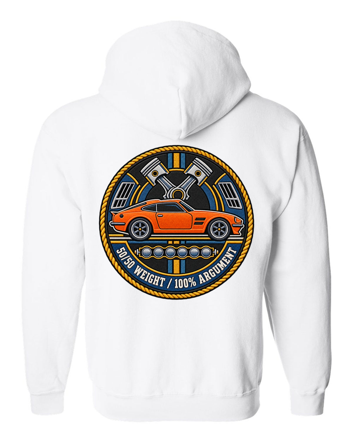 Varsity crest design for the Toyota GR Supra A90 with double-bubble roof white zip hoodie back view with the design