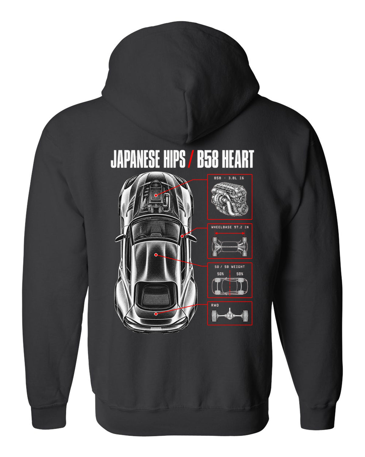 Spec poster print of a Toyota GR Supra A90 with the text Japanese Hips B58 Heart black zip hoodie back view with the design