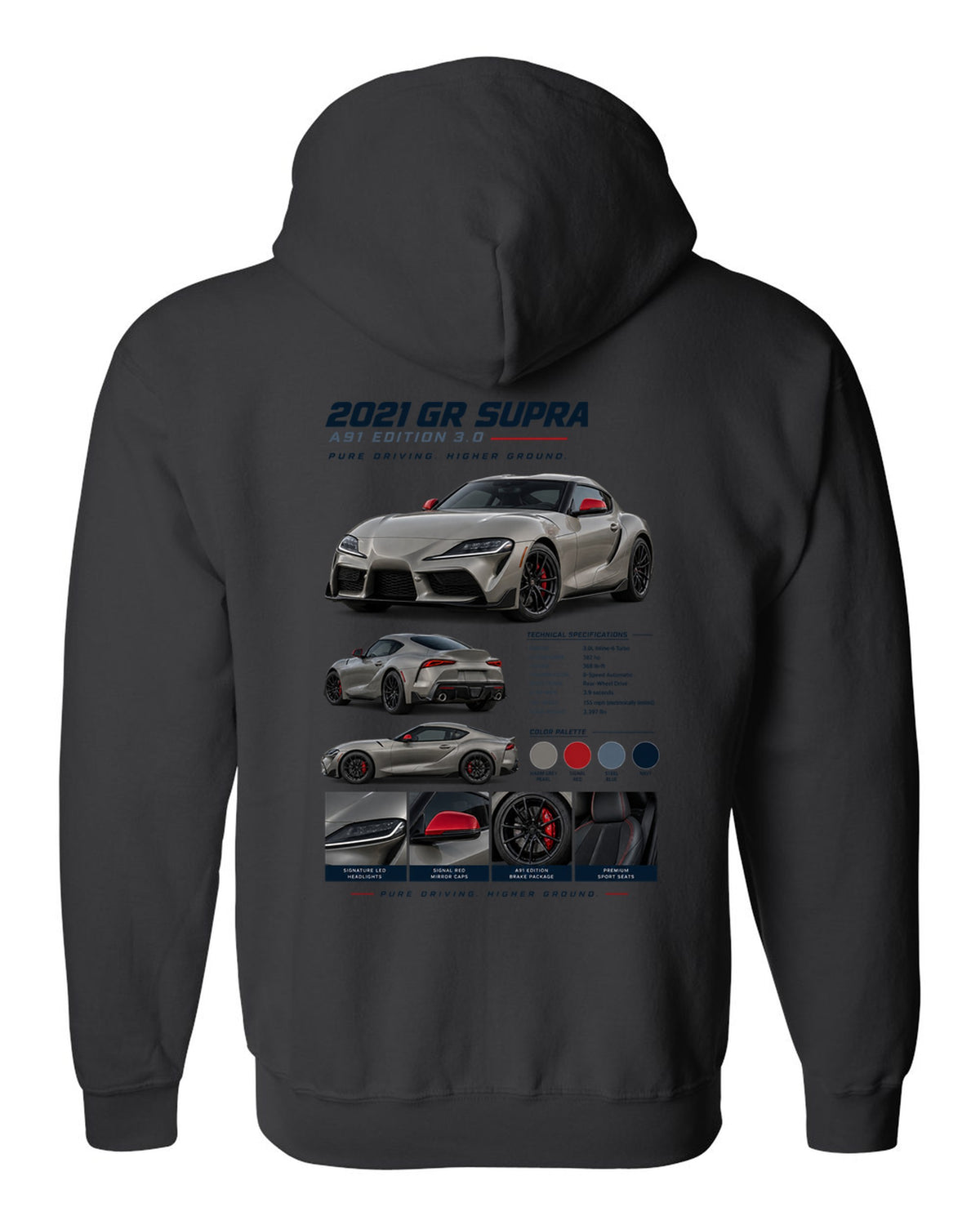 Dossier panel layout of the 2021 Toyota GR Supra A91 Edition in warm grey pearl with red mirror caps black zip hoodie back view with the design