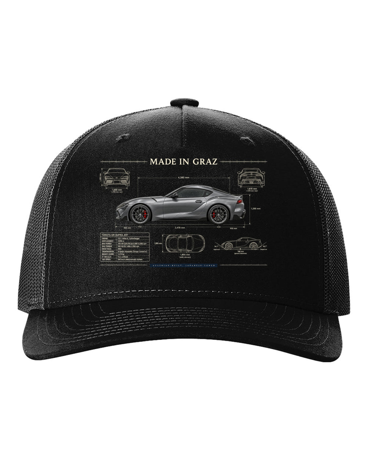 Steel blue Toyota GR Supra 3.0 with aero airflow callouts and 50:50 weight text black hat front view with the design