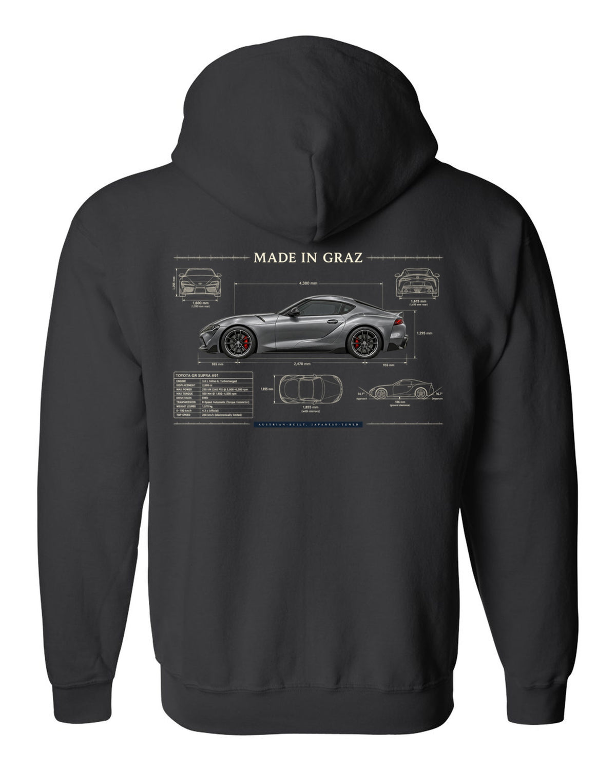 Steel blue Toyota GR Supra 3.0 with aero airflow callouts and 50:50 weight text black zip hoodie back view with the design