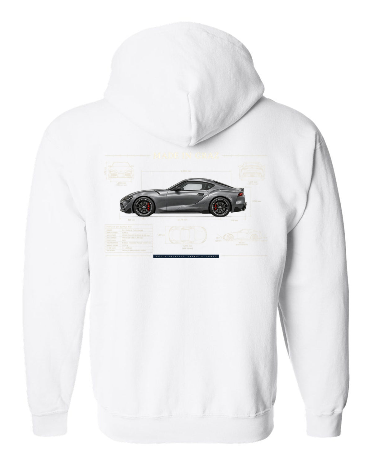 Steel blue Toyota GR Supra 3.0 with aero airflow callouts and 50:50 weight text white zip hoodie back view with the design