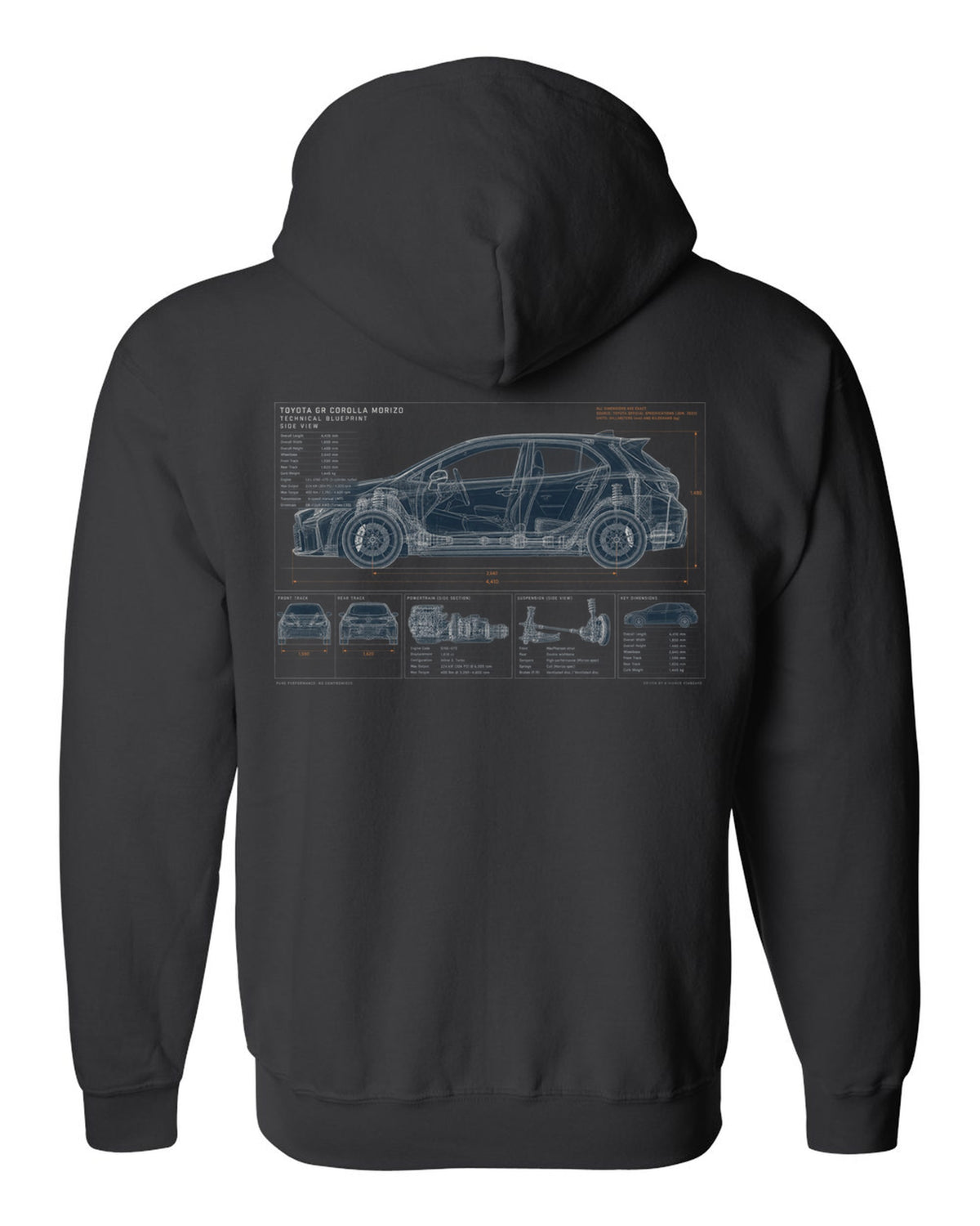 Toyota GR Yaris 2024 facelift front three-quarter with editorial headline black zip hoodie back view with the design