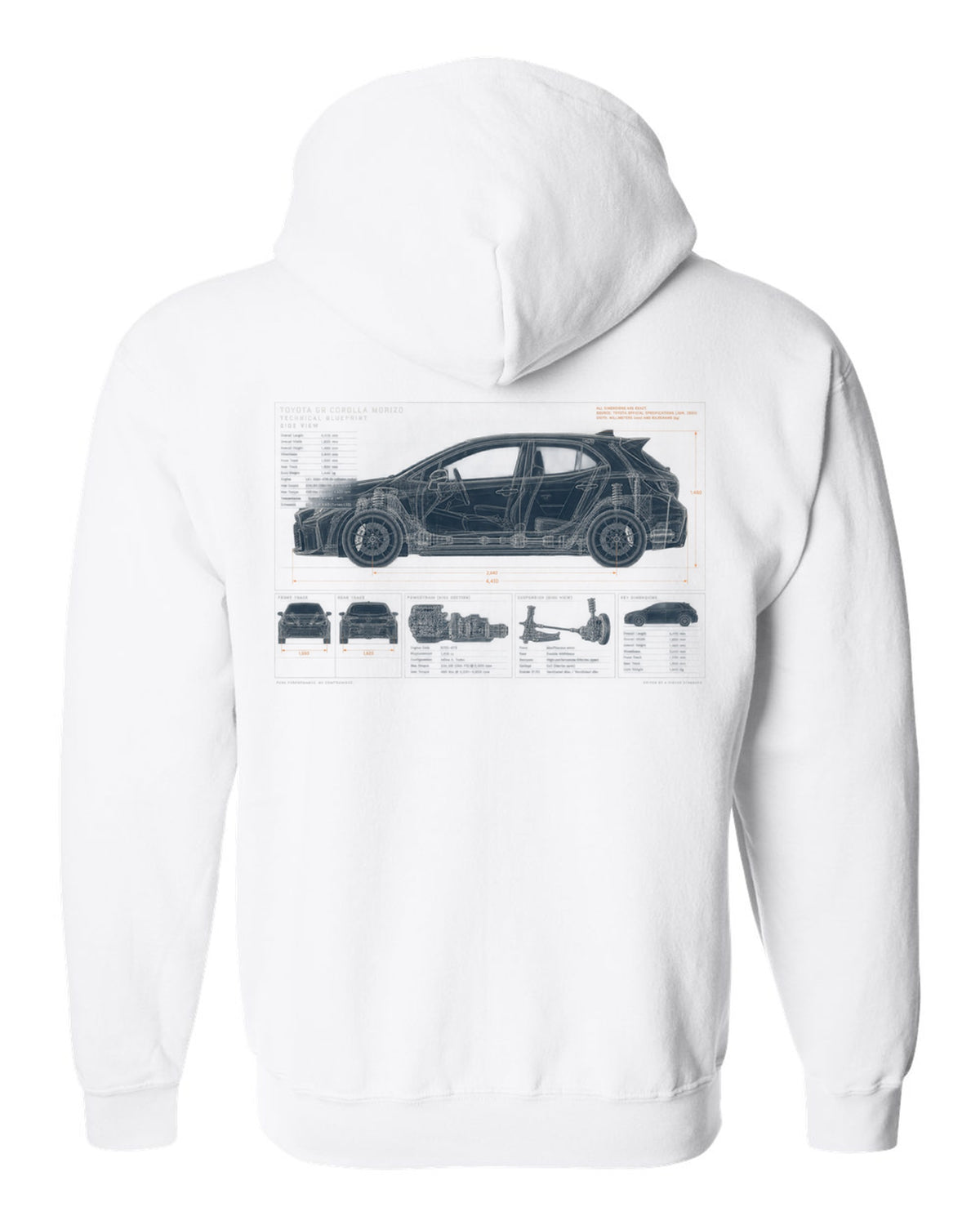 Toyota GR Yaris 2024 facelift front three-quarter with editorial headline white zip hoodie back view with the design
