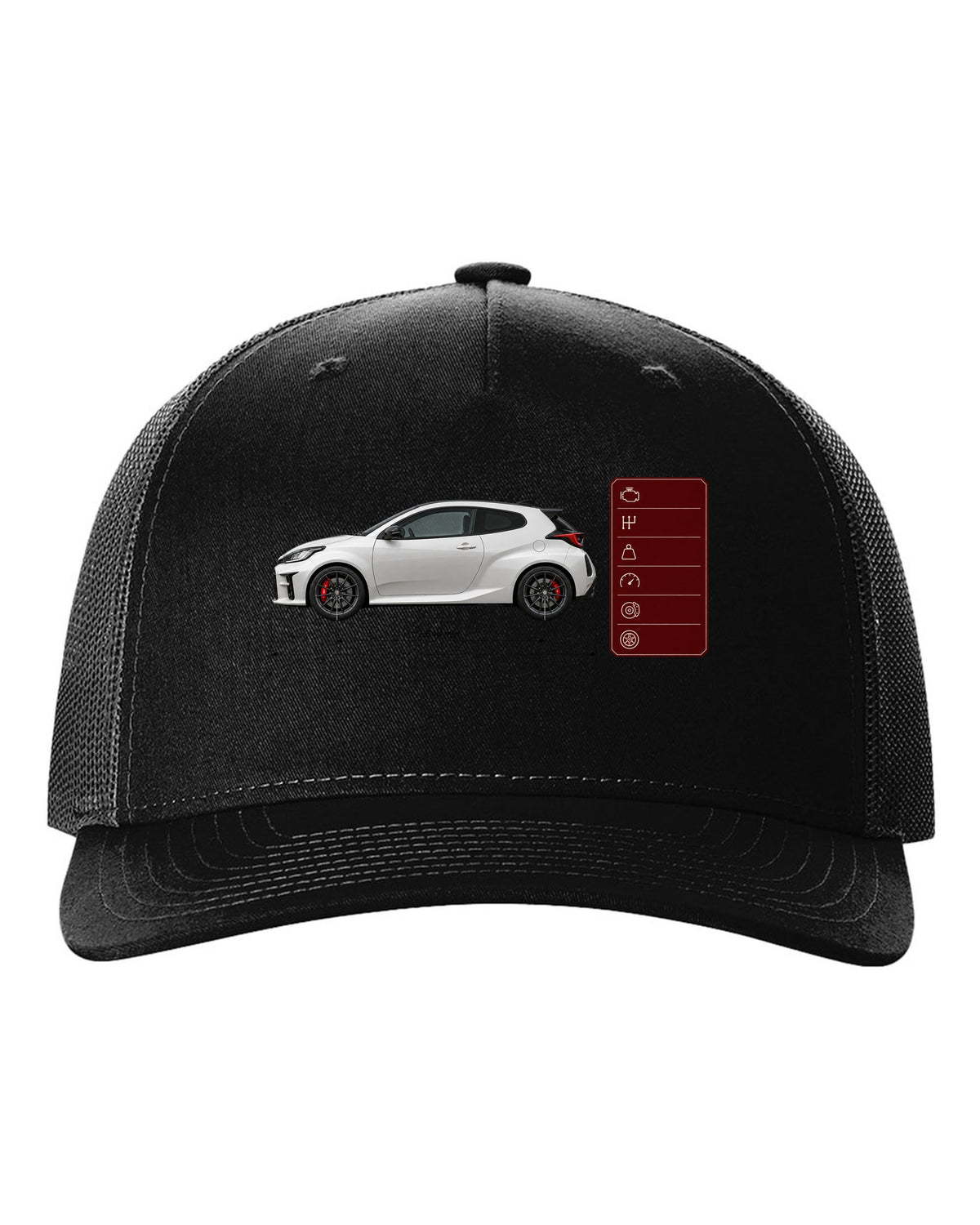 Pearl white-grey Toyota GR Yaris Circuit Package spec poster with homologation text black hat front view with the design