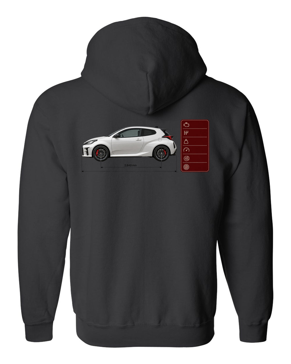 Pearl white-grey Toyota GR Yaris Circuit Package spec poster with homologation text black zip hoodie back view with the design
