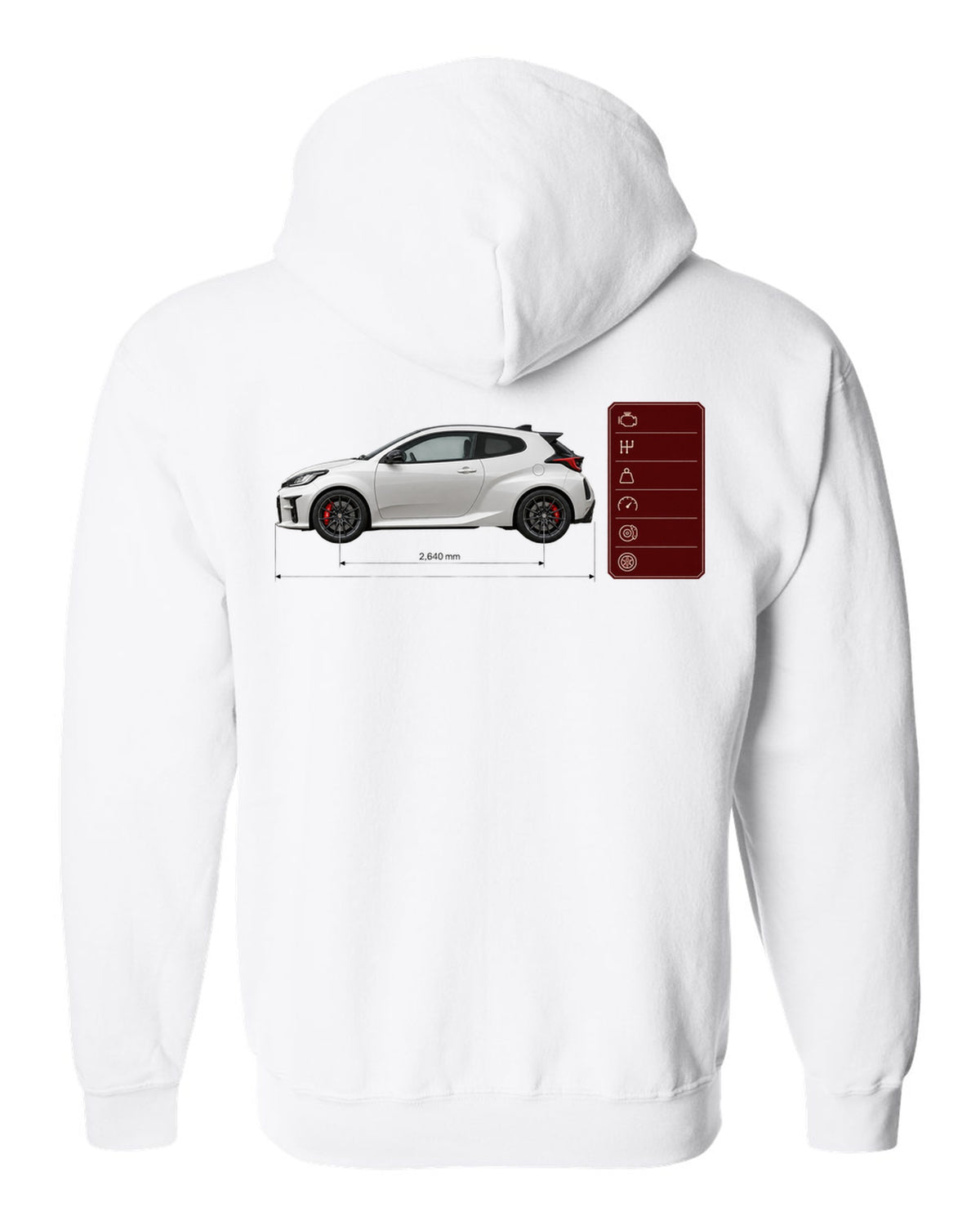 Pearl white-grey Toyota GR Yaris Circuit Package spec poster with homologation text white zip hoodie back view with the design