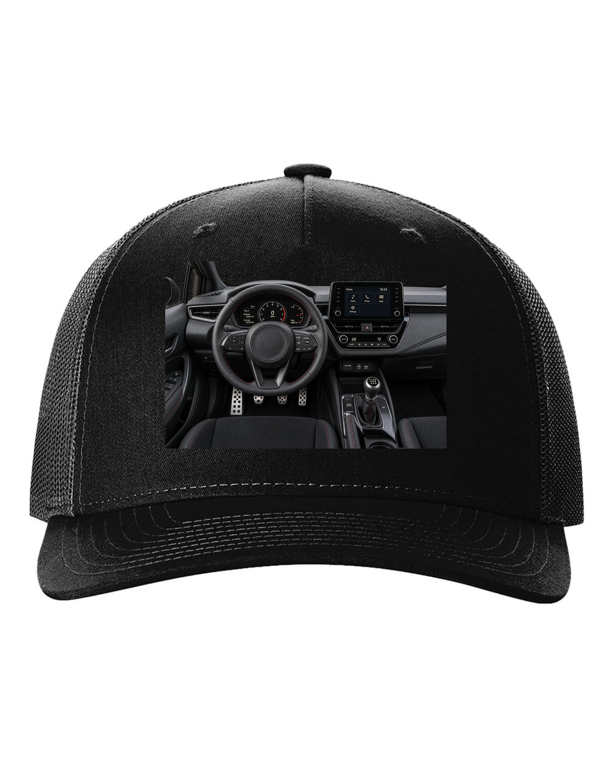 Overhead Toyota GR Yaris G16E-GTS engine bay illustration black hat front view with the design
