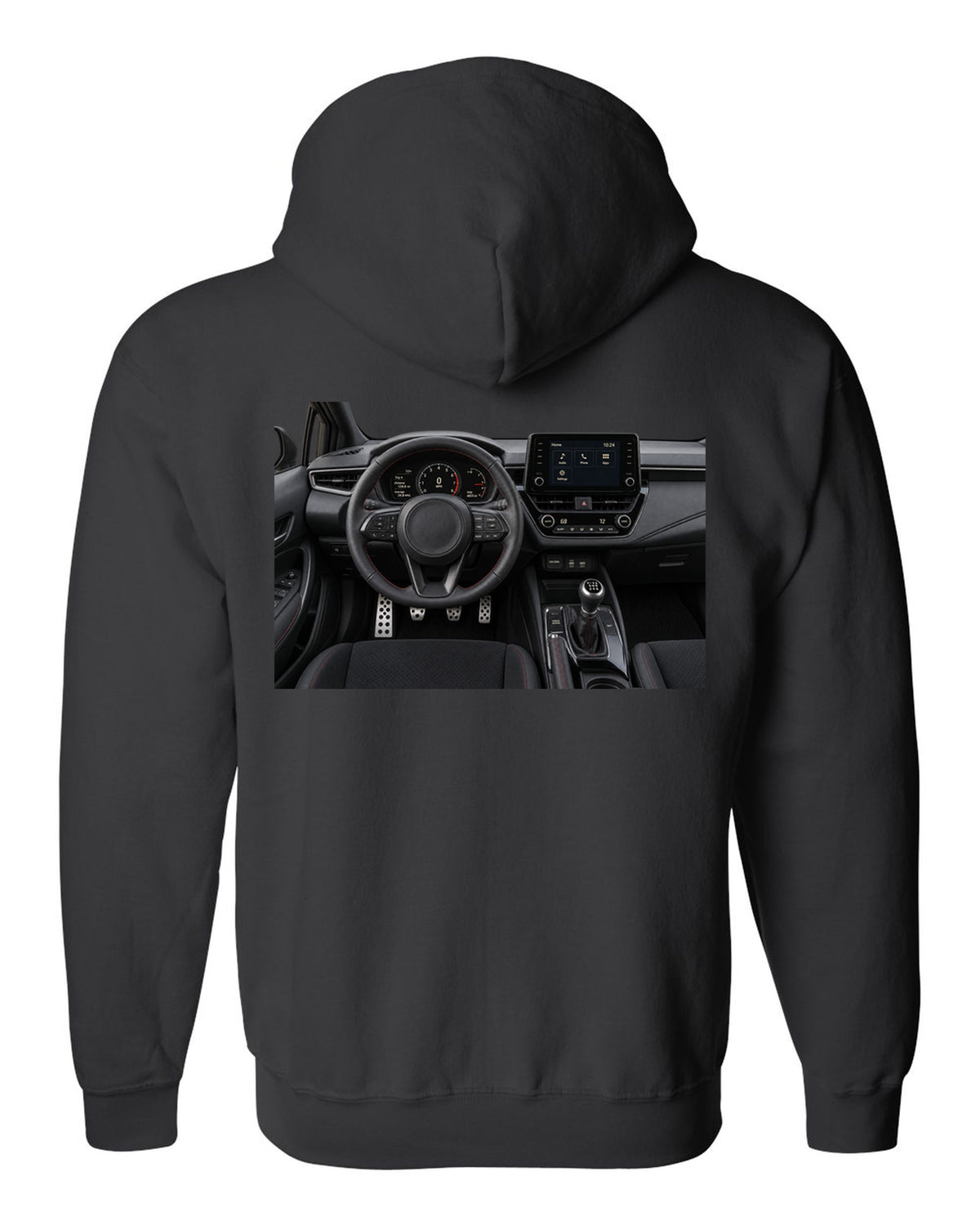 Overhead Toyota GR Yaris G16E-GTS engine bay illustration black zip hoodie back view with the design