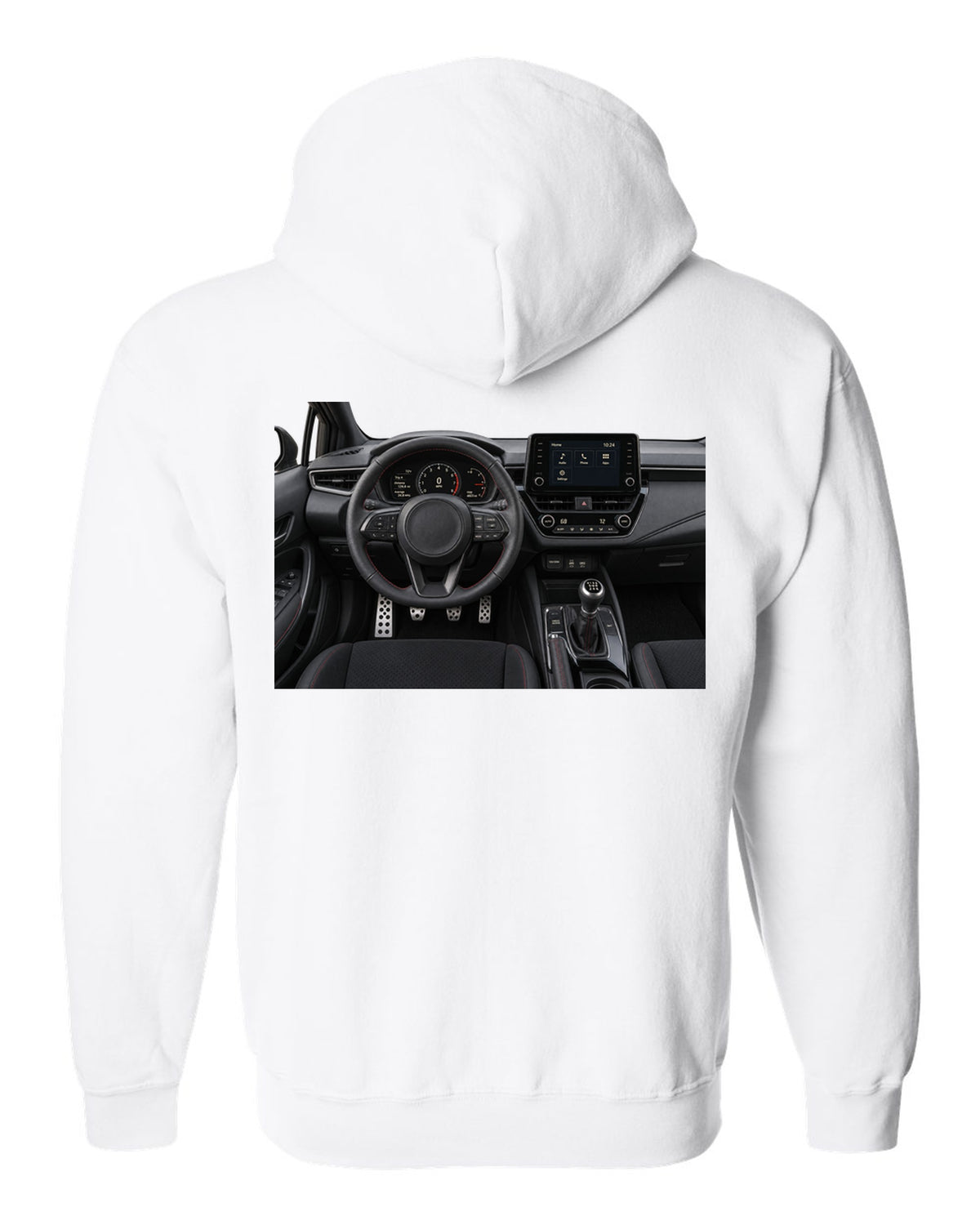 Overhead Toyota GR Yaris G16E-GTS engine bay illustration white zip hoodie back view with the design