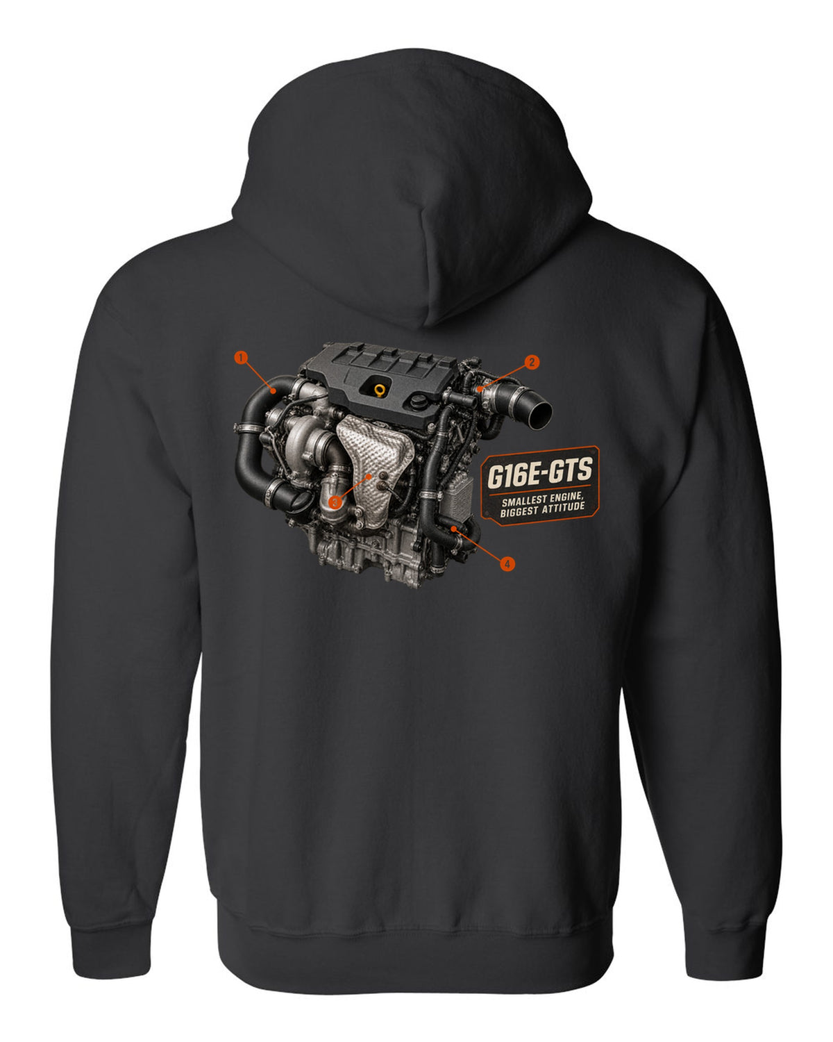Toyota GR Yaris GR-Four rear three-quarter dossier panel design black zip hoodie back view with the design