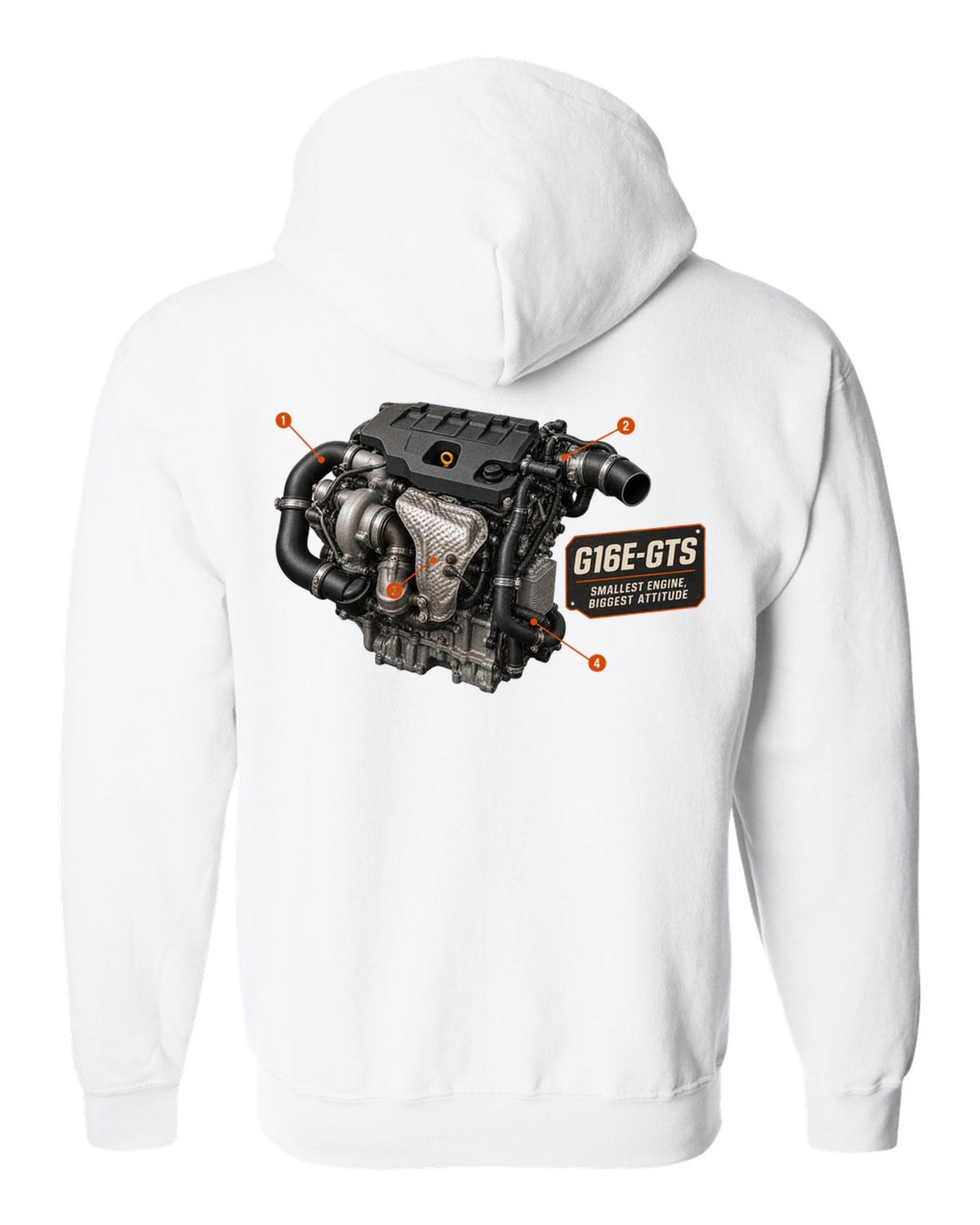 Toyota GR Yaris GR-Four rear three-quarter dossier panel design white zip hoodie back view with the design