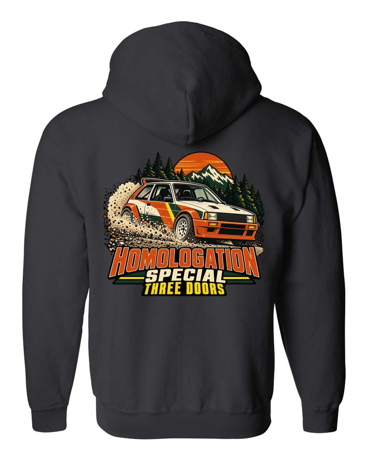 Vintage rally poster of a Toyota GR Yaris sliding on gravel with homologation text black zip hoodie back view with the design