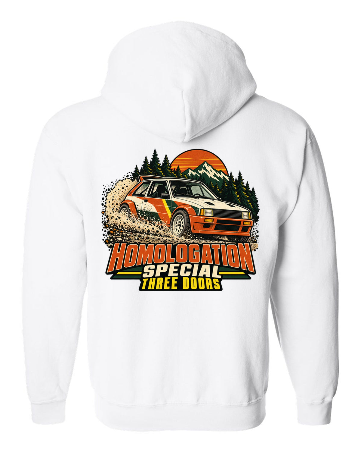 Vintage rally poster of a Toyota GR Yaris sliding on gravel with homologation text white zip hoodie back view with the design