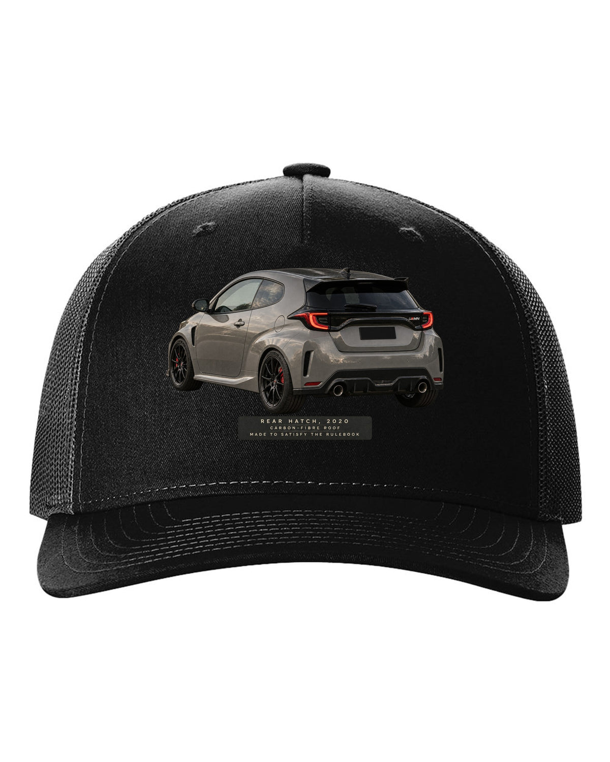 Close-up of a Toyota GR Yaris 2020 rear tailgate and taillight black hat front view with the design