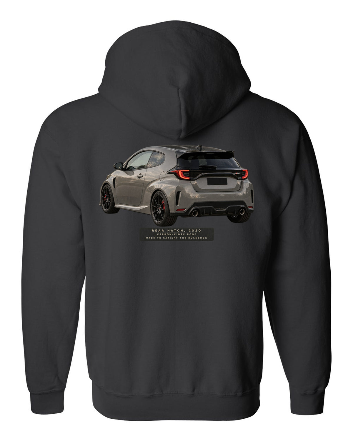 Close-up of a Toyota GR Yaris 2020 rear tailgate and taillight black zip hoodie back view with the design