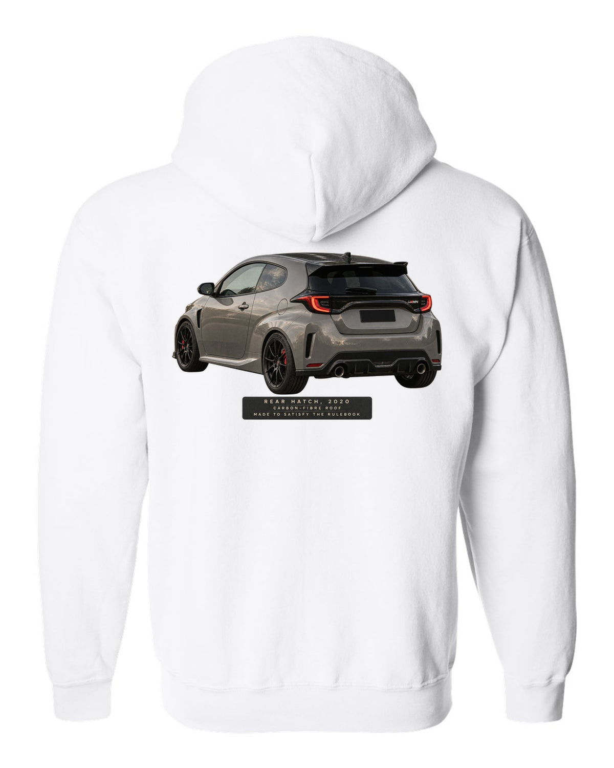 Close-up of a Toyota GR Yaris 2020 rear tailgate and taillight white zip hoodie back view with the design