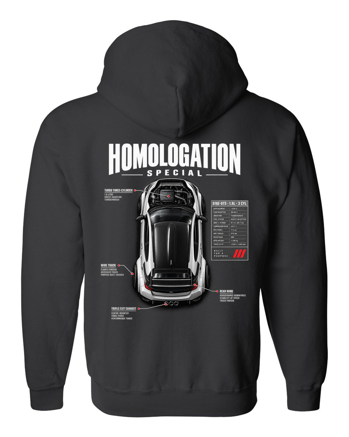 Spec poster style print of a Toyota GR Yaris with G16E-GTS 1.6L 3 cylinder text black zip hoodie back view with the design