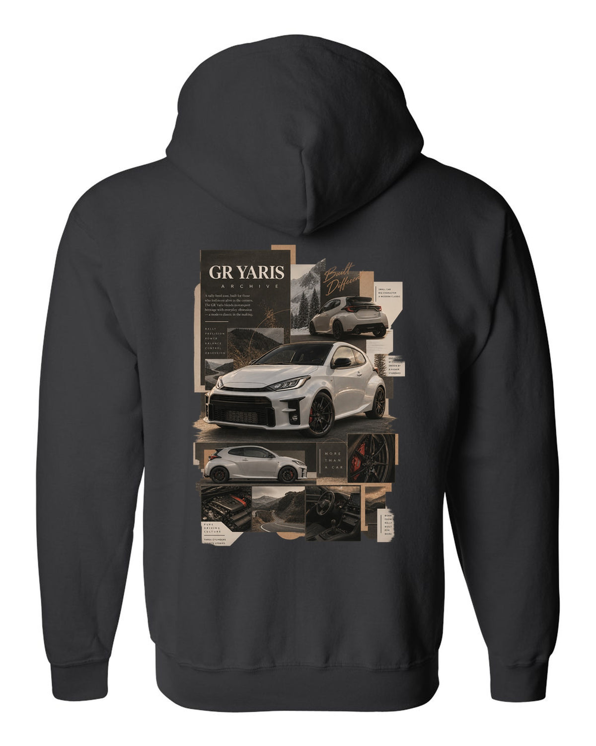Three-view spec sheet of the Toyota GR Yaris XP210 three-door black zip hoodie back view with the design